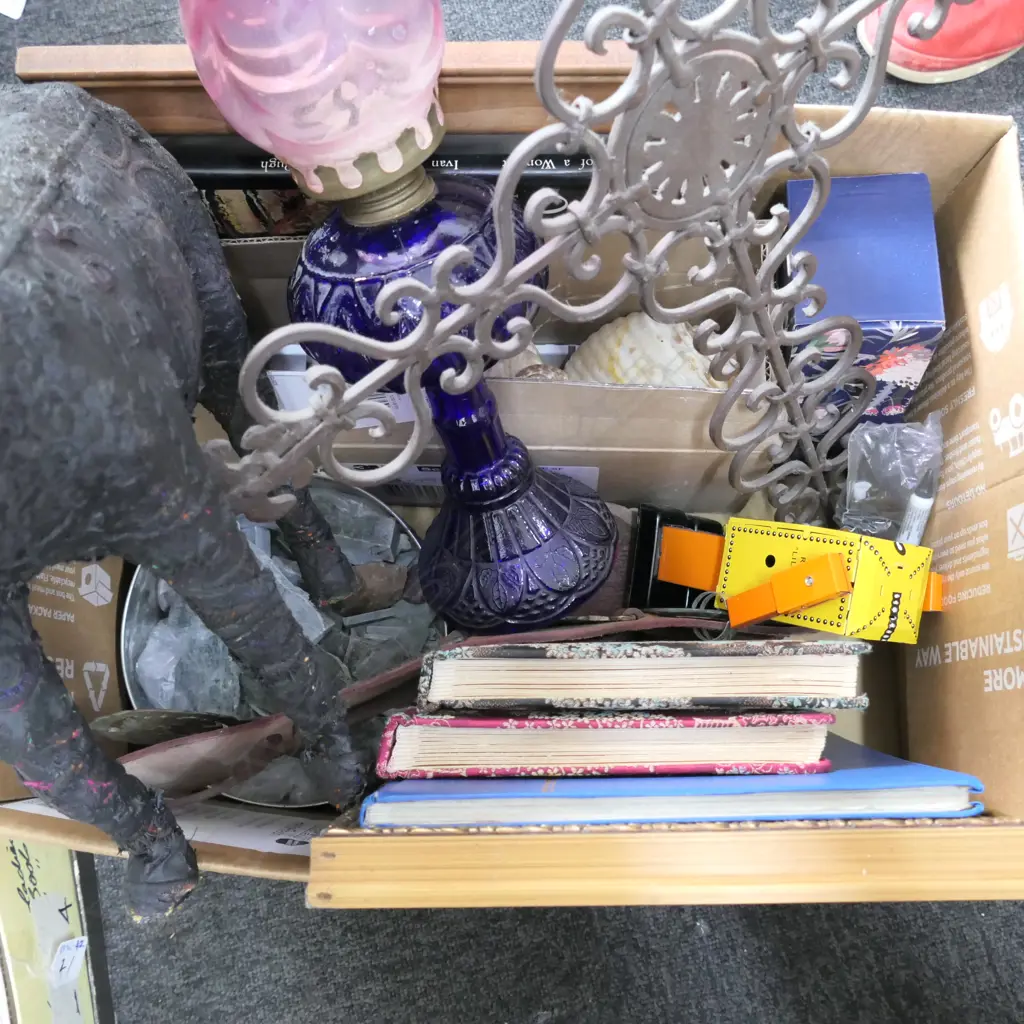 BOX LOT REINDEER, METAL CROSS, GLASS LAMP, BOOKS, SHELLS, ROBOT ETC Image 1++