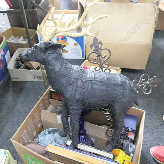 BOX LOT REINDEER, METAL CROSS, GLASS LAMP, BOOKS, SHELLS, ROBOT ETC