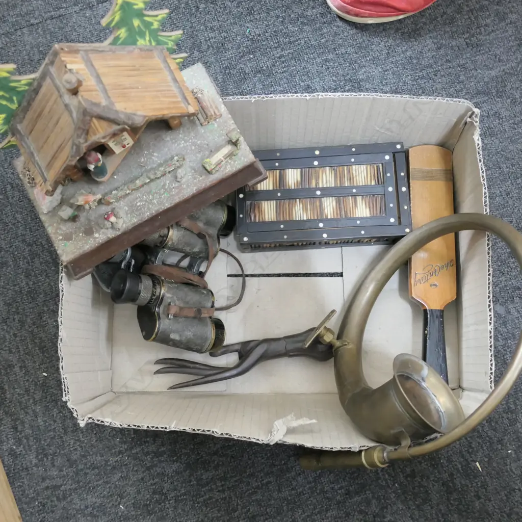 LOT - BINOCULARS, CAR HORN, PORCUPINE QUILL BOX ETC Image 1++