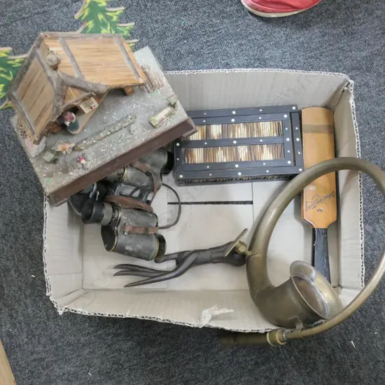 LOT - BINOCULARS, CAR HORN, PORCUPINE QUILL BOX ETC