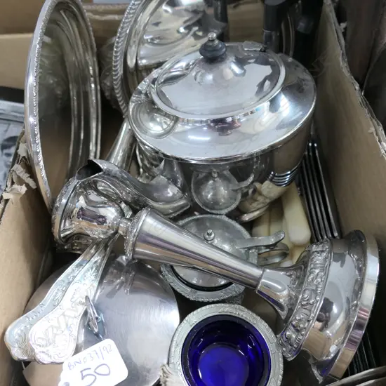 BOX LOT ASST. SILVER PLATE; PAIR CANDLESTICKS, KINGS PATTERN BERRY SPOONS, TEAPOT ETC
