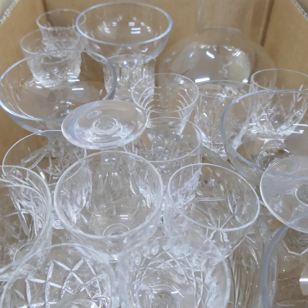 BOX LOT ASST. CRYSTAL; WEBB, STUART, DECANTER ETC Image 1++