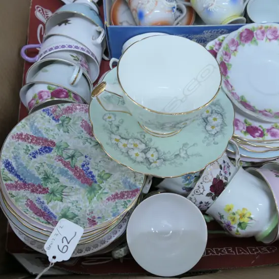 BOX OF ORIENTAL TEA SET + LOT OF ENGLISH TRIOS ETC