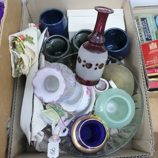 BOX OF SMALL VASES, MUGS, GLASS WARE ETC