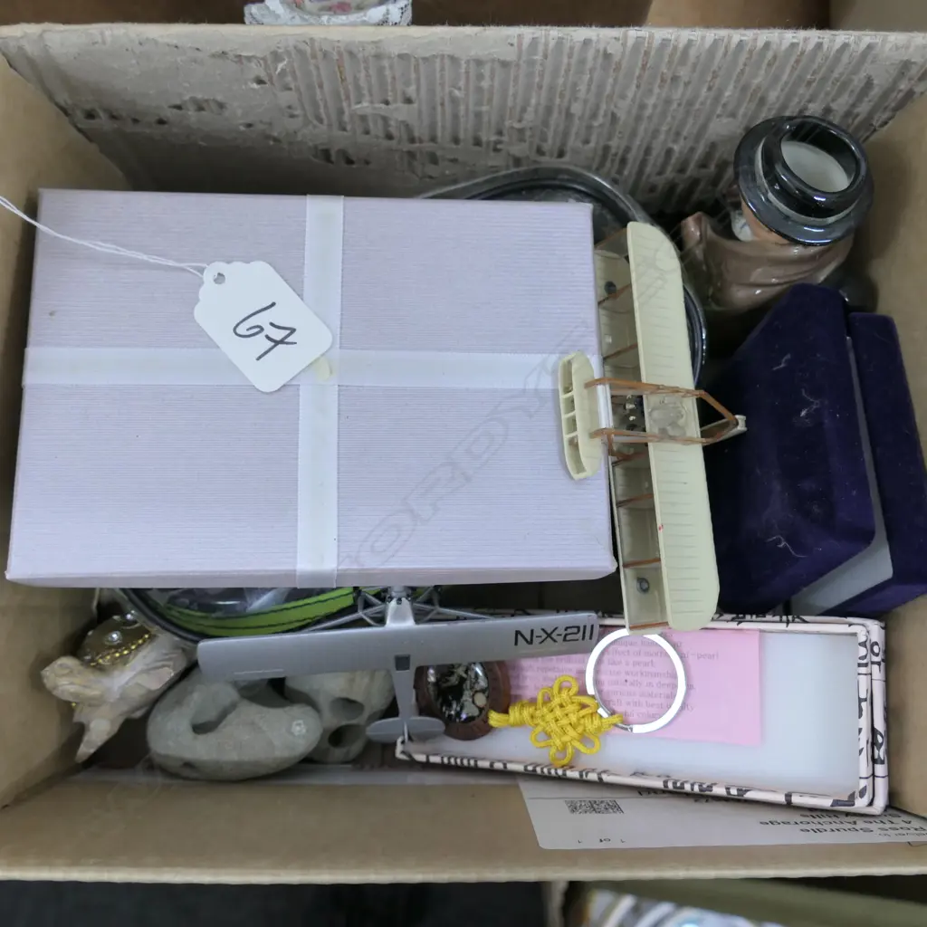 BOX LOT ASST. ITEMS; COSTUME JEWELLERY, MODEL PLANES, TOBY JUG ETC Image 1++
