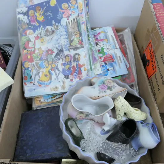 BOX OF CHINA, GLASS MINI SHOES, ADVENT CALENDAR ETC
