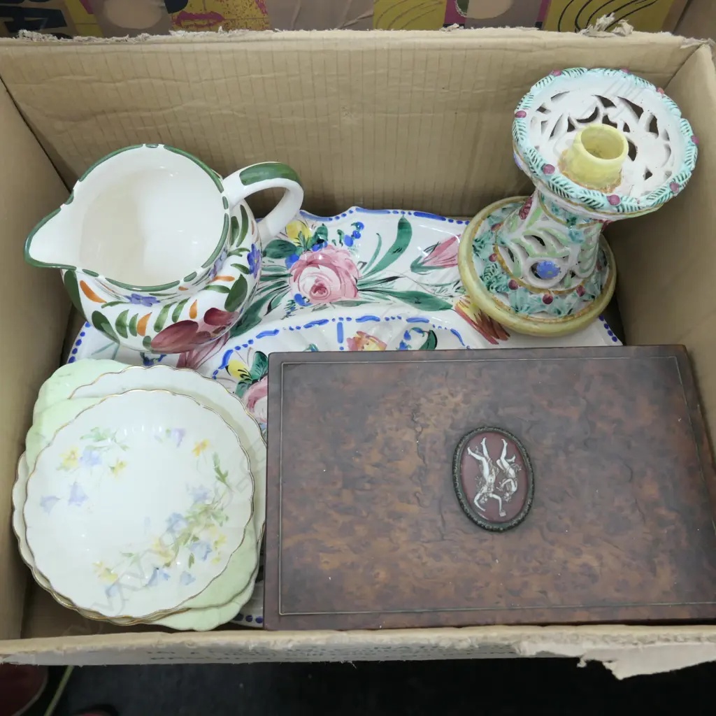 BOX LOT ASST. CHINA; ITALIAN PLATTER AND CANDLEHOLDER, WADE JUG, MUSIC BOX ETC Image 1++