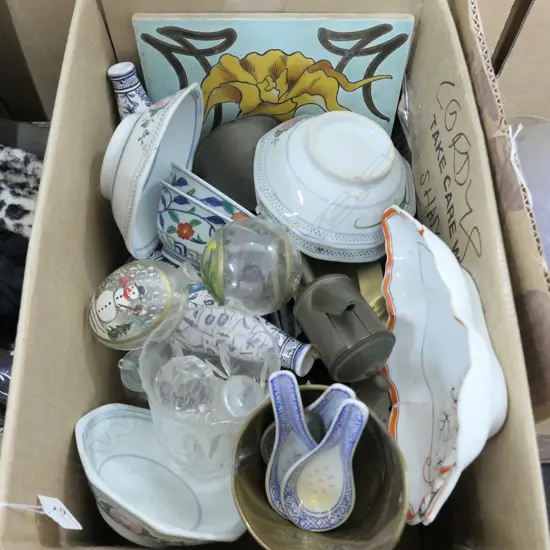 BOX LOT ASST. VINTAGE ITEMS; BRASS, BOWLS, CRYSTAL ETC