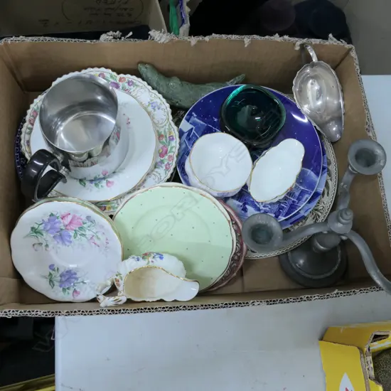 BOX LOT ASST. CHINA, XMAS PLATES, CANDELABRA ETC