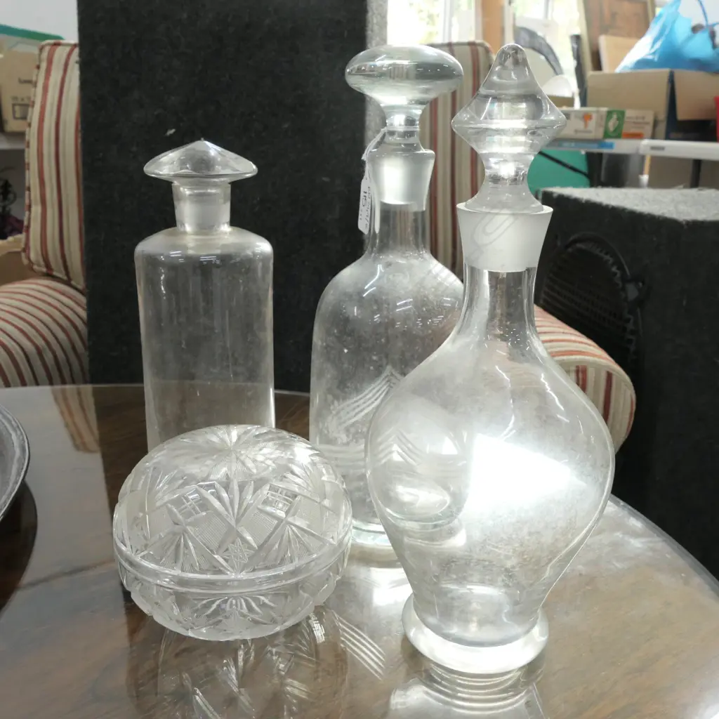 3 DECANTERS AND CRYSTAL LIDDED BOWL Image 1++