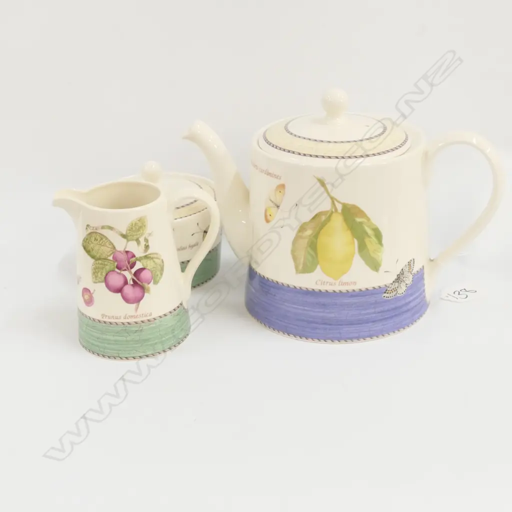 W/WOOD SARAHS GARDEN TEAPOT /SUGAR /+CREAM JUG Image 1++