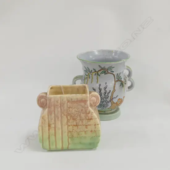 TWO SMALL POTTERY VASES; GOUDA PLUS GOOD FLORAL PAINTED, TALLEST 130MM