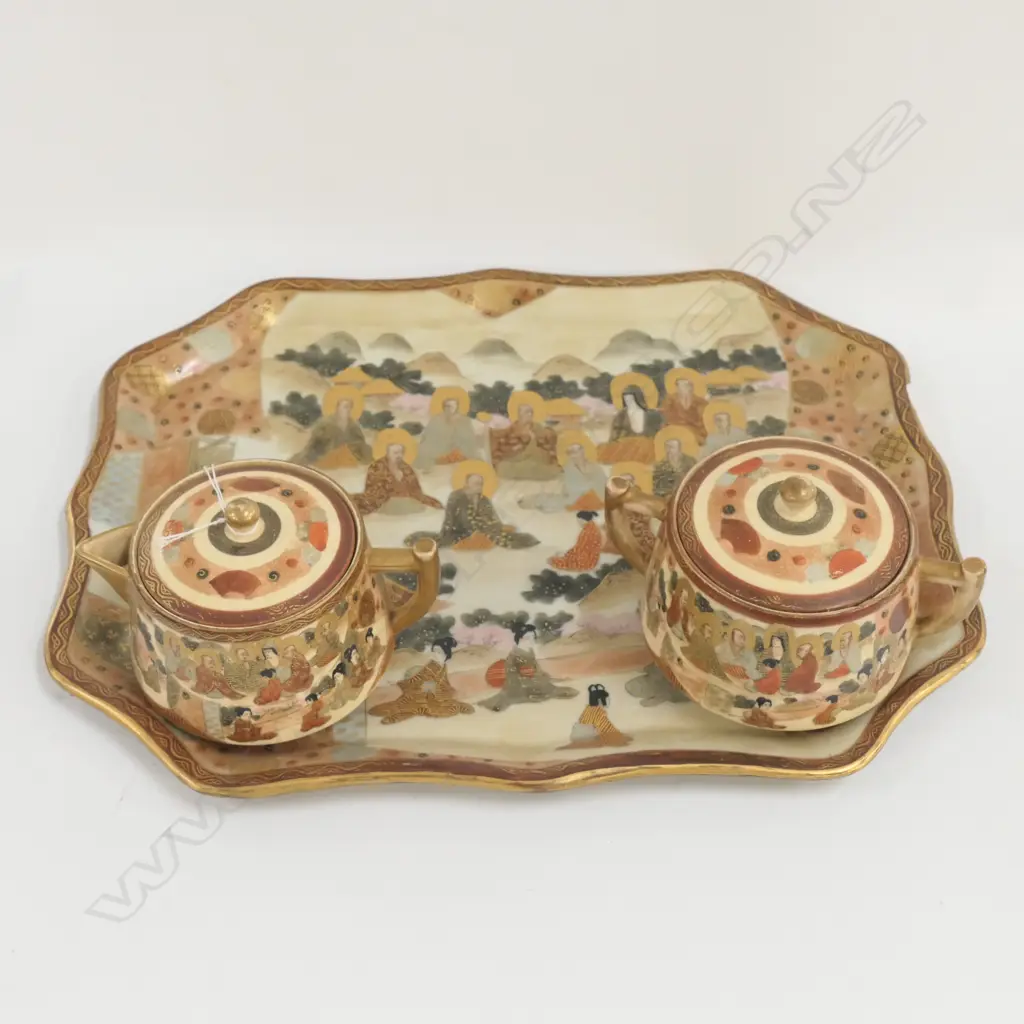 C1890 JAPANESE SATSUMA TRAY SUGAR & CREAMER LIDDED Image 1++