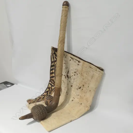 FIJIAN GATA CLUB, TAPA CLOTH AND SMALL GOURD