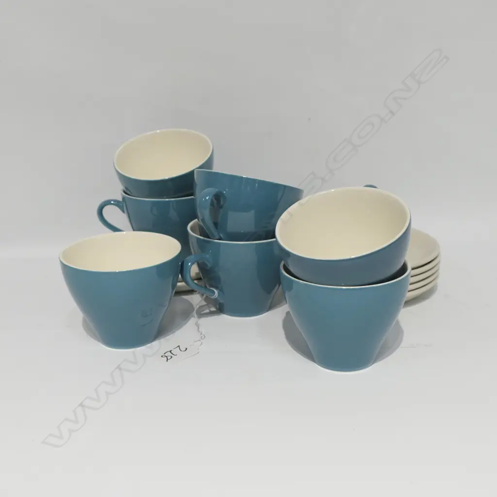 14 PCE CROWN LYNN COLOURGLAZE TEACUPS ONE AF; 7 CUPS, 7 SAUCERS Image 1++