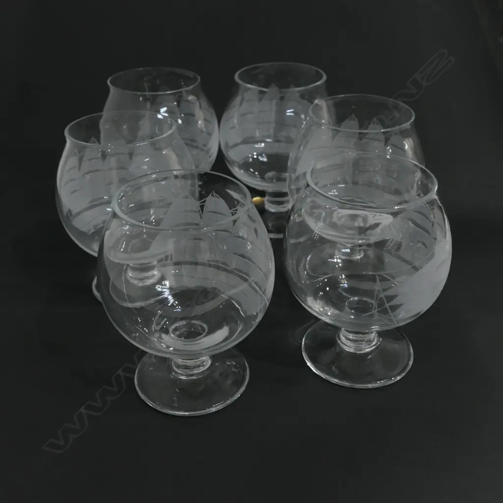6 PCE SAILING SHIP ETCHED DRINKING GLASSES Image 1++