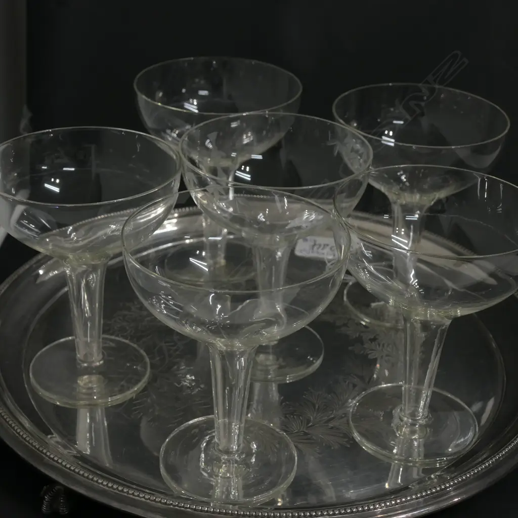 6 HOLLOWSTEM CHAMPAGNE GLASSES AND VICTORIAN FERN ENGRAVED SILVER OVER COPPER FOOTED TRAY Image 1++