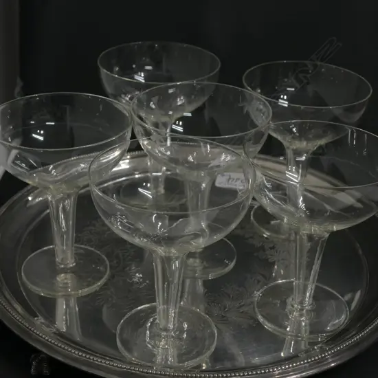 6 HOLLOWSTEM CHAMPAGNE GLASSES AND VICTORIAN FERN ENGRAVED SILVER OVER COPPER FOOTED TRAY