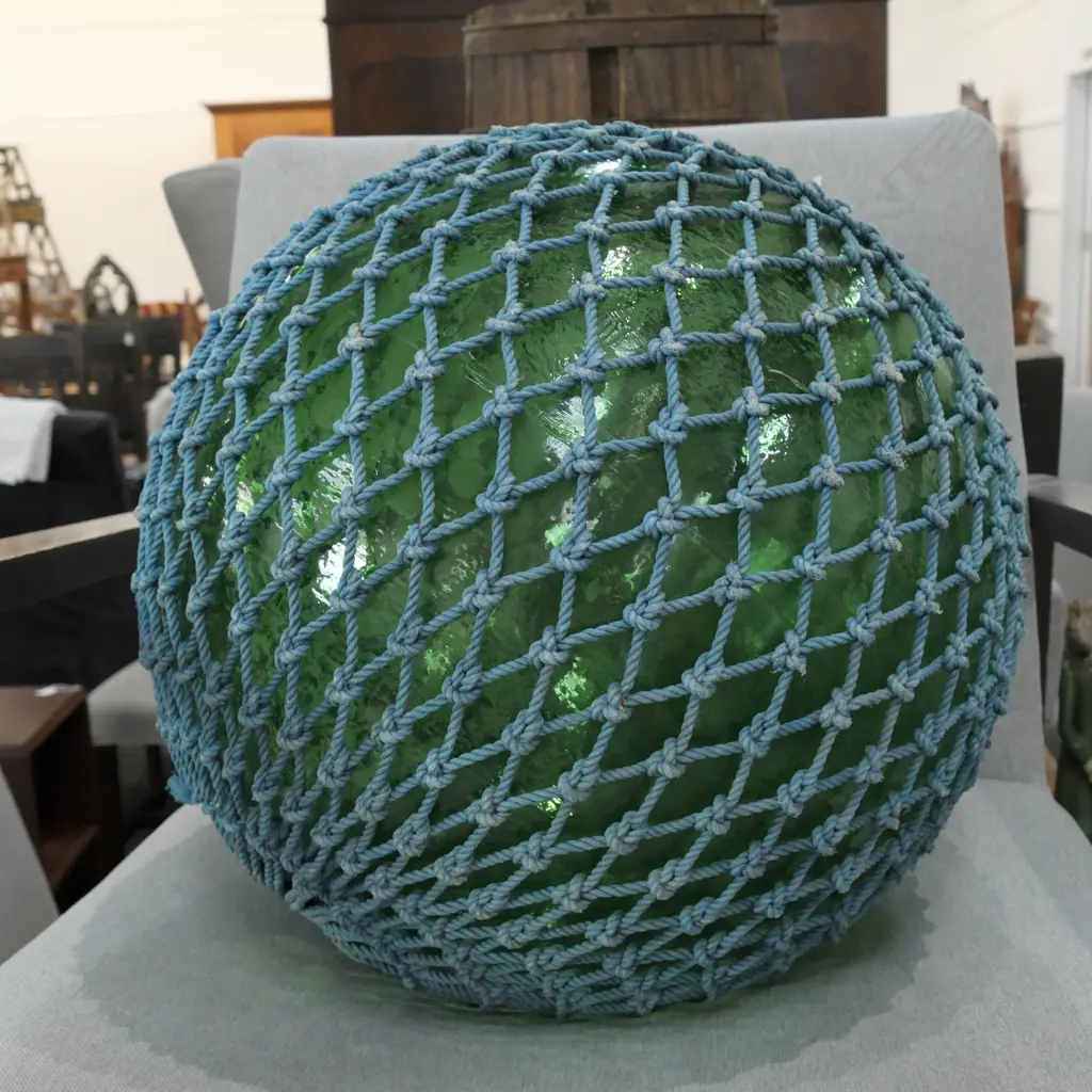 OLD LARGE GLASS FISHING FLOAT WITH NETTING... Image 1++