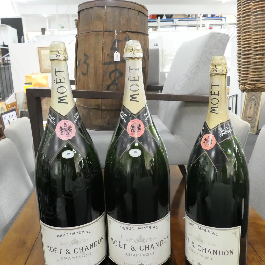 3 LARGE MOET CHAMPAGNE BOTTLES 750MM H AND BARREL Image 1++