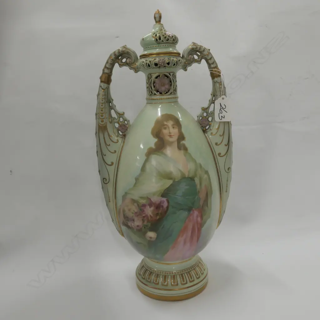 ROYAL VIENNA HANDLED AND LIDDED VASE WITH LADY AND FLOWERS 360MM H Image 1++