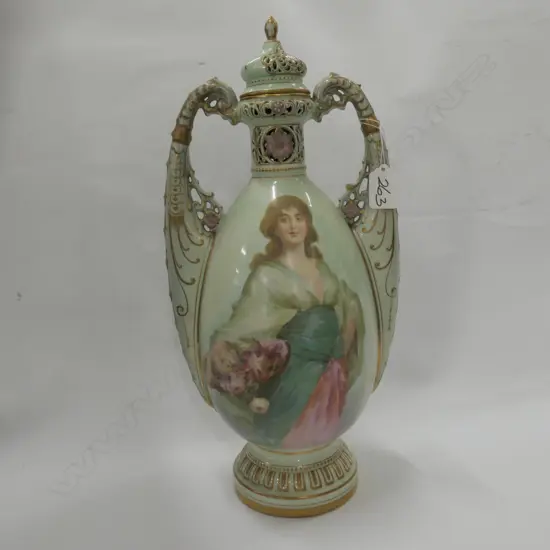 ROYAL VIENNA HANDLED AND LIDDED VASE WITH LADY AND FLOWERS 360MM H