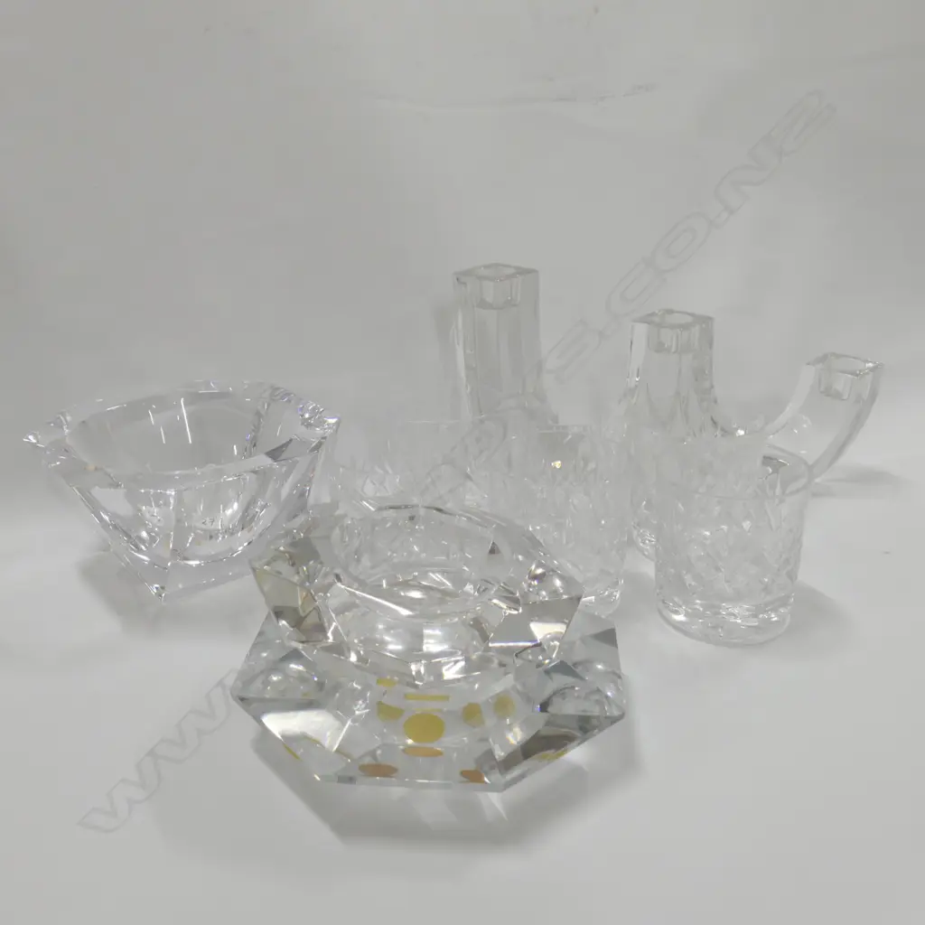 6 CRYSTAL TUMBLERS/SIGNED CANDLE STICK/+ 3 ASHTRAYS 2 M.V.S.L Image 1++