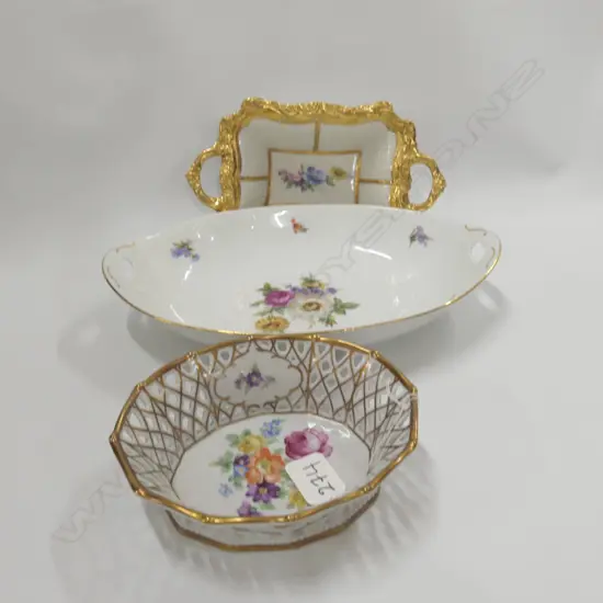 THREE WHITE AND GOLD DISHES; '123' AF, 'GERMANY' AND SCHUMANN ARZBERG LARGEST 290MM L