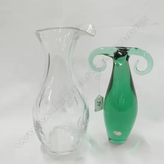 GREEN MURANO ART GLASS & CRYSTAL VASE 