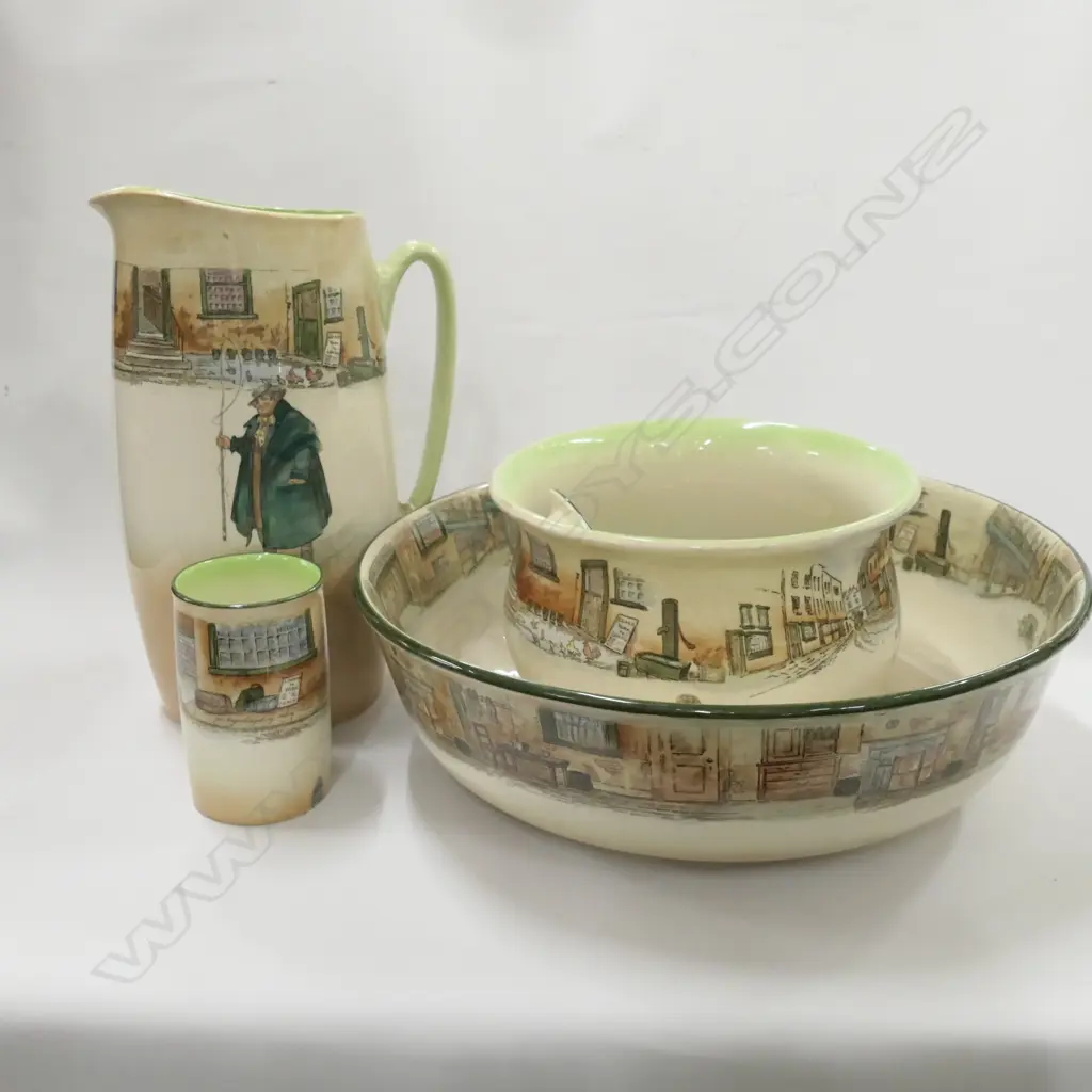 R/DOULTON DICKENS WARE 5 PC BATHROOM SETBOWL/JUG/CHAMBER POT/SOAP +TOOTH BRUSH HOLDER Image 1++