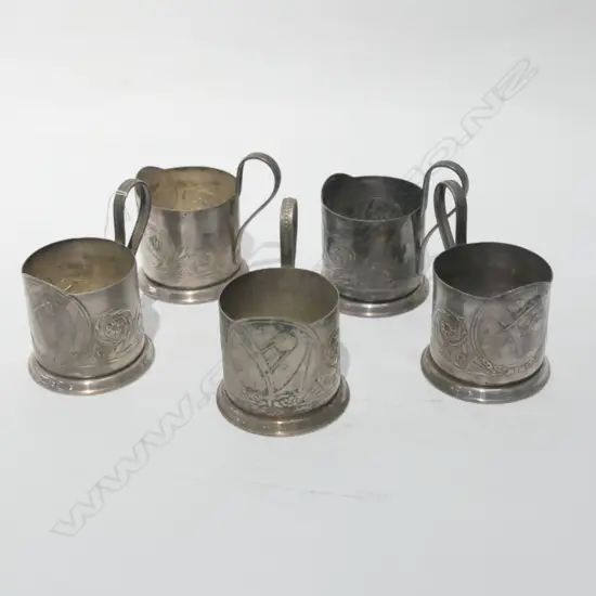 FIVE ART DECO PEWTER TODDY HOLDERS H. 130MM