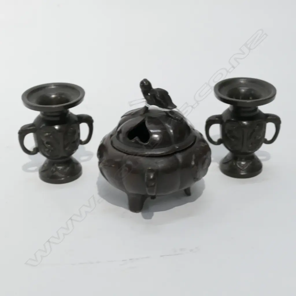 3 MEIJI JAPANESE BRONZE SMALL PCES. PR VASES INCENSE BURNER  Image 1++