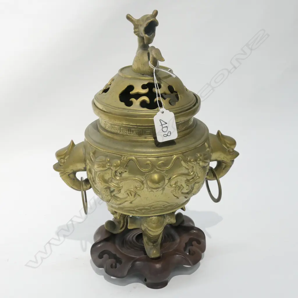 OLD CHINESE BRASS INCENSE BURNER ON STAND Image 1++
