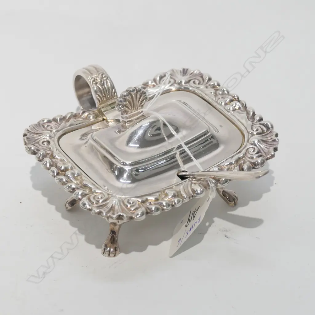 VINERS SILVER ON COPPER GEORGIAN STYLE SALT CELLAR & MUSTARD w BLUE GLASS LINERS Image 1++