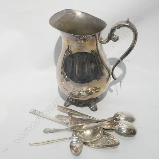 SILVER PLATED WATER JUG AND SELECTION OF CUTLERY
