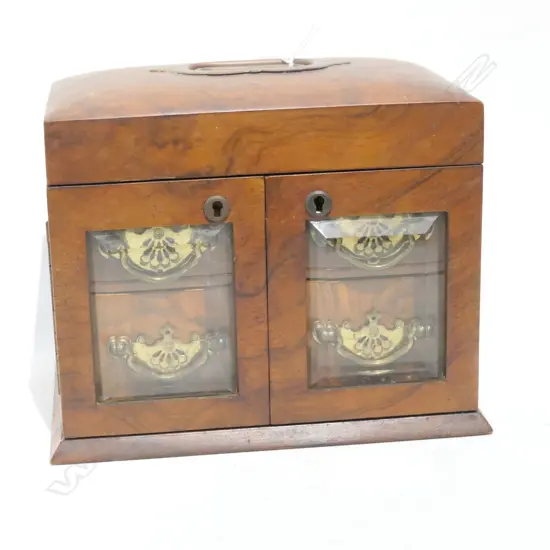 VICTORIAN WALNUT JEWELLERY CABINET w GLAZED DOORS & 2 DRAWERS