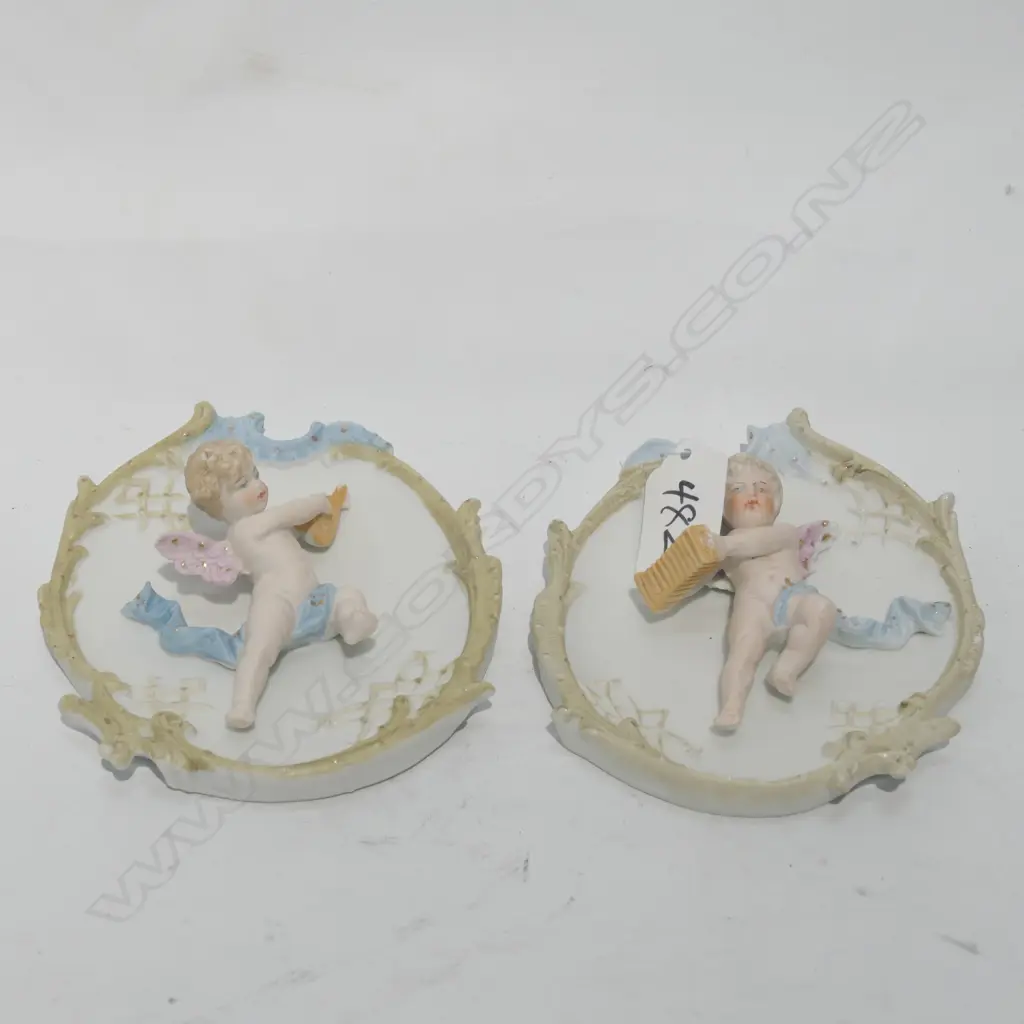 PR GERMAN BISQUE PORCELAIN WALL PLAQUES OF CHERUBS Image 1++