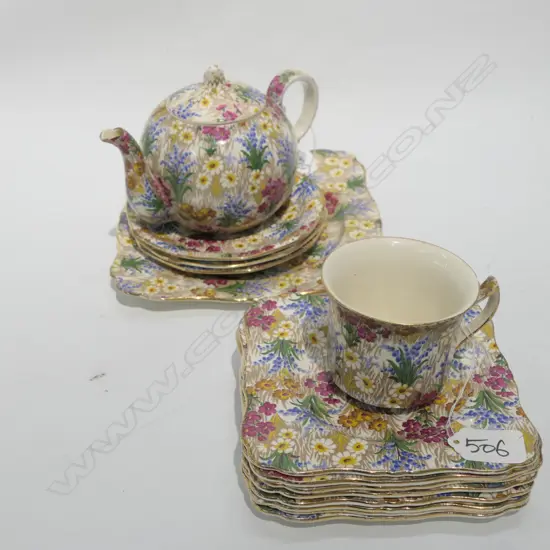 GRIMWADES ALL OVER FLORAL TEAPOT 8 PLATES/3 SAUCERS + ONE CUP