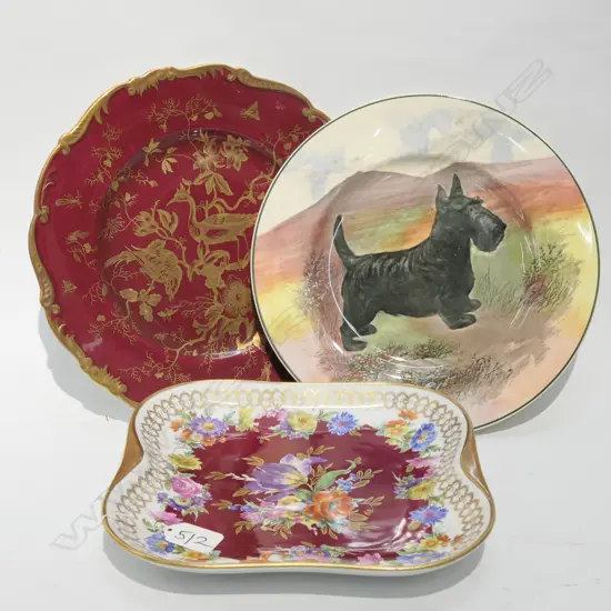 THREE PLATES; ROYAL DOULTON SCOTTIE DOG, BARVARIA FLORAL, RED COALPORT