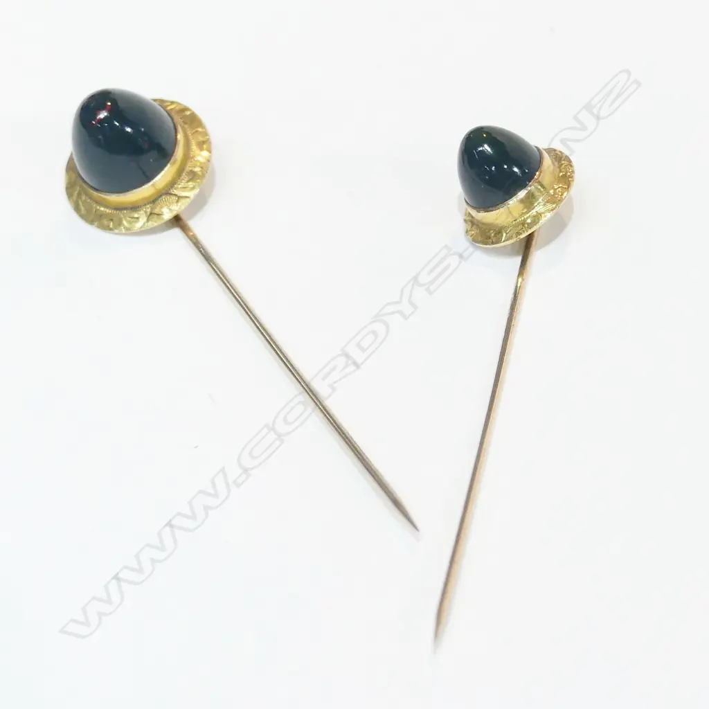 PAIR VICTORIAN STICK PINS GOLD & BLOOD STONE  Image 1++
