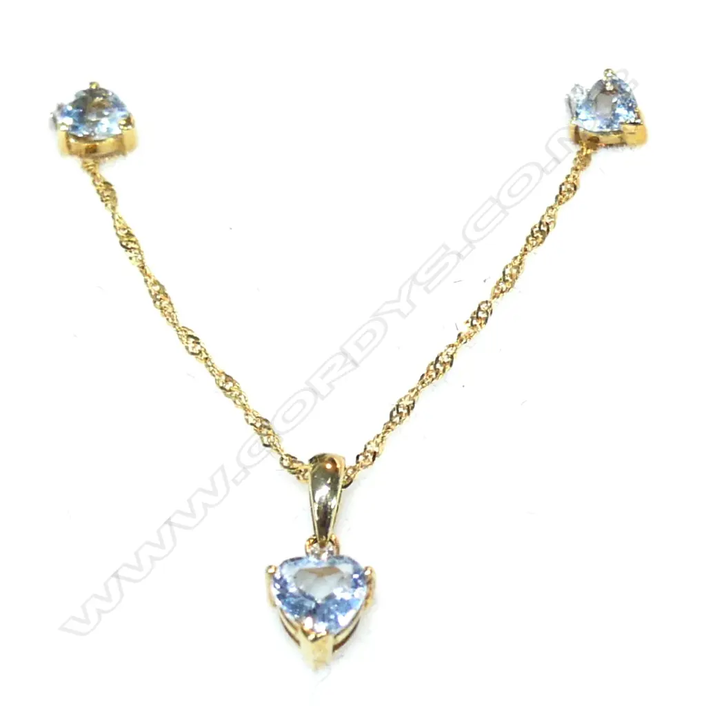 9 CT GOLD AND AQUAMARINE WITH TINY DIAMOND PENDANT AND EARRING SET HEART CUT Image 1++