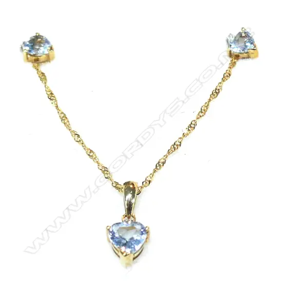 9 CT GOLD AND AQUAMARINE WITH TINY DIAMOND PENDANT AND EARRING SET HEART CUT