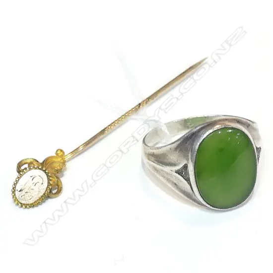 SILVER & GREEN STONE MENS RING AND GOLD STICK PIN 