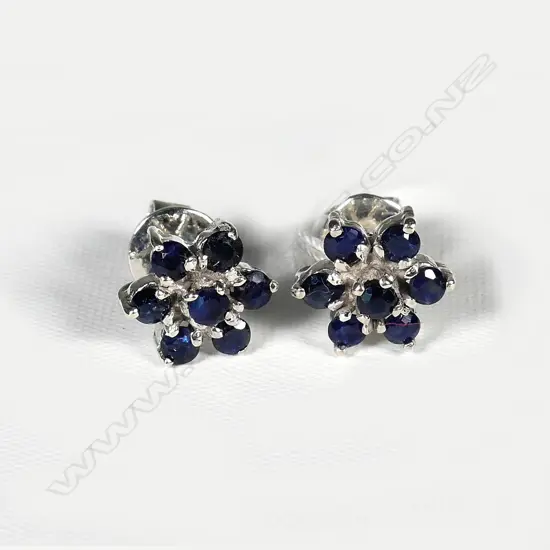 PAIR SILVER SAPPHIRE CLUSTER EARRINGS