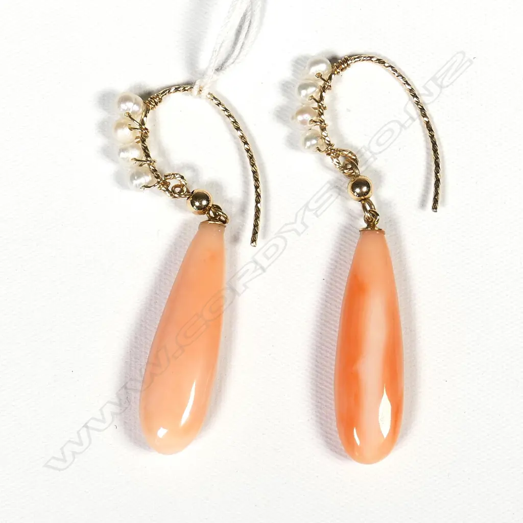 14CT GOLD PEARL AND CORAL DROP EARRINGS Image 1++