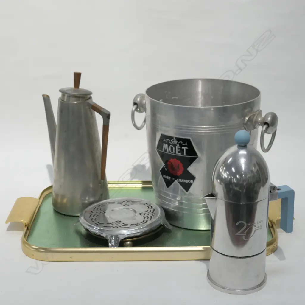 DECO STYLE TRAY W ASSORTED METALWARE; INCL. CHOCOLATE POT, ICE BUCKET ETC Image 1++