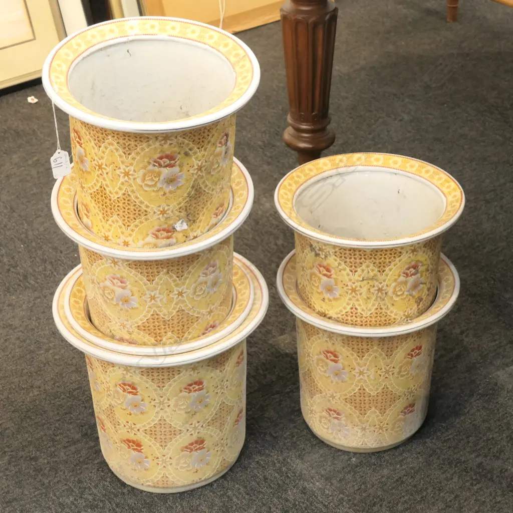 6 YELLOW FLORAL PLANT POTS, 2 SIZES LARGEST BEING H. 280MM Image 1++