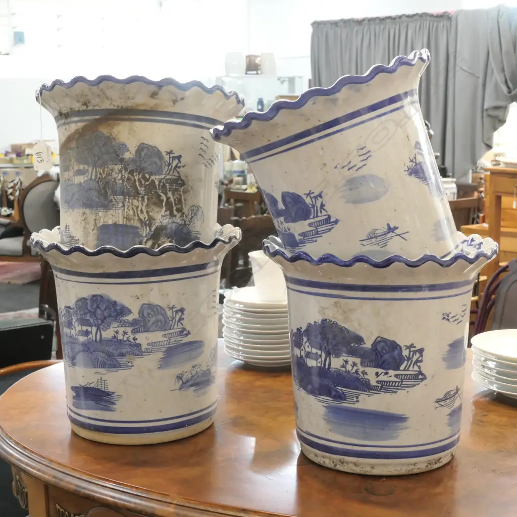 4 BLUE/WHITE PLANT POTS. H. 250MM Image 1++