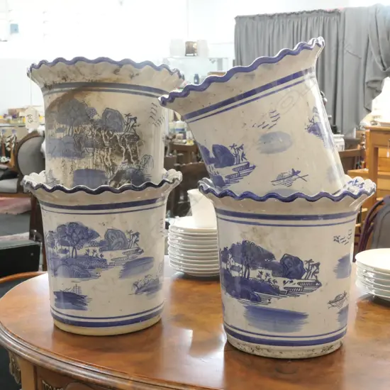 4 BLUE/WHITE PLANT POTS. H. 250MM