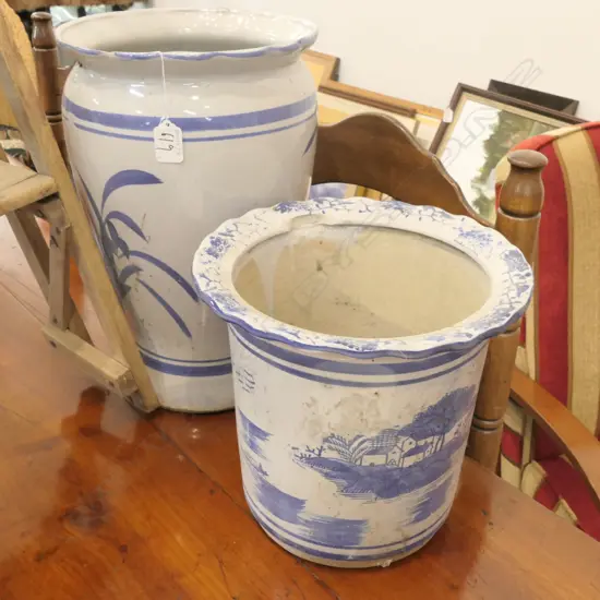 2 BLUE/WHITE PLANT POTS. H. 380MM